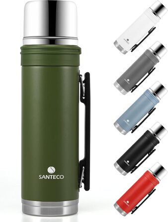 SANTECO 1L Stainless Steel Thermos Flask with Cup - Insulated Leak-Proof Travel Thermos for Hot & Cold Drinks - BPA Free (Green, 1000ml)