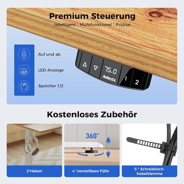 Регульований за висотою стіл Agilestic: електричний, з пам'яттю, ергономічний, 140x60 см, білий (світло-коричневий)