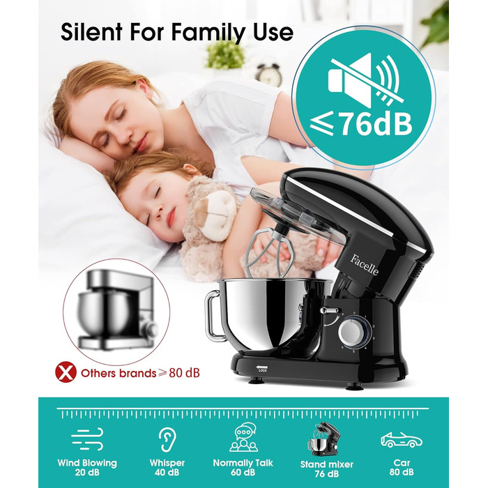 Кухонна машина Facelle 1500W з нержавіючою чашею 6.2л, 6 швидкостей, комплект насадок (чорна)