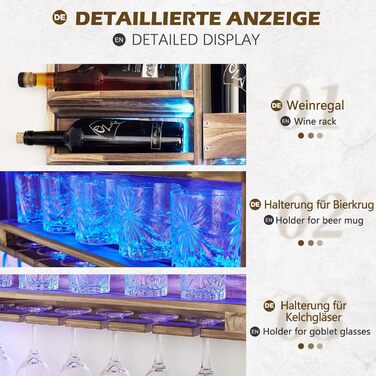 Wine Rack with LED Light, Flame Wood Look, Wall-Mountable with Cork Holder, for Wine Glasses, Whiskey Glasses, Bottle Holder Home Bar, Vintage, Gift