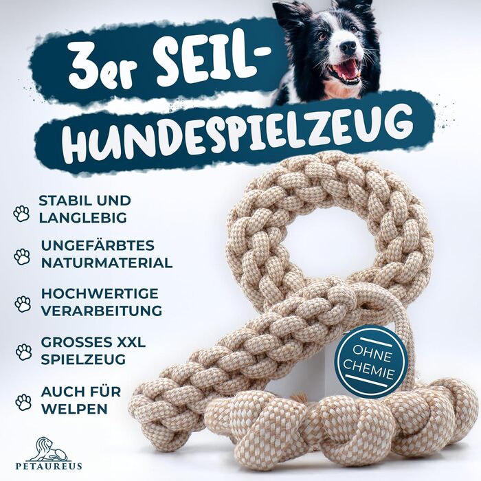 Petaureus Premium Dog Toy Large Dogs Set: Durable Puppy Toy Made of Cotton & Hemp - Ideal for Medium to Large Dogs & Active Puppies