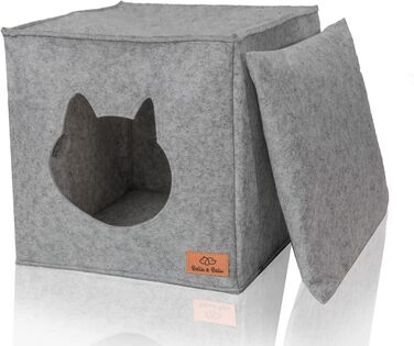 Будиночок для котів Bella & Balu з подушкою і іграшкою, складаний, для сну, ігор, хованок і дряпання, 33x33x37 см, світло-сірий