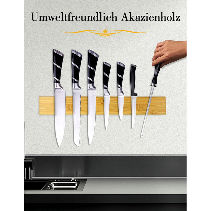 [50cm Pro] Magnetic Knife Strip, Trhillsbrad 50cm Magnetic Knife Holder Wood Knife Rail Self-Adhesive, Silver Wall Mount Magnetic Strip No Drilling Knife Holder