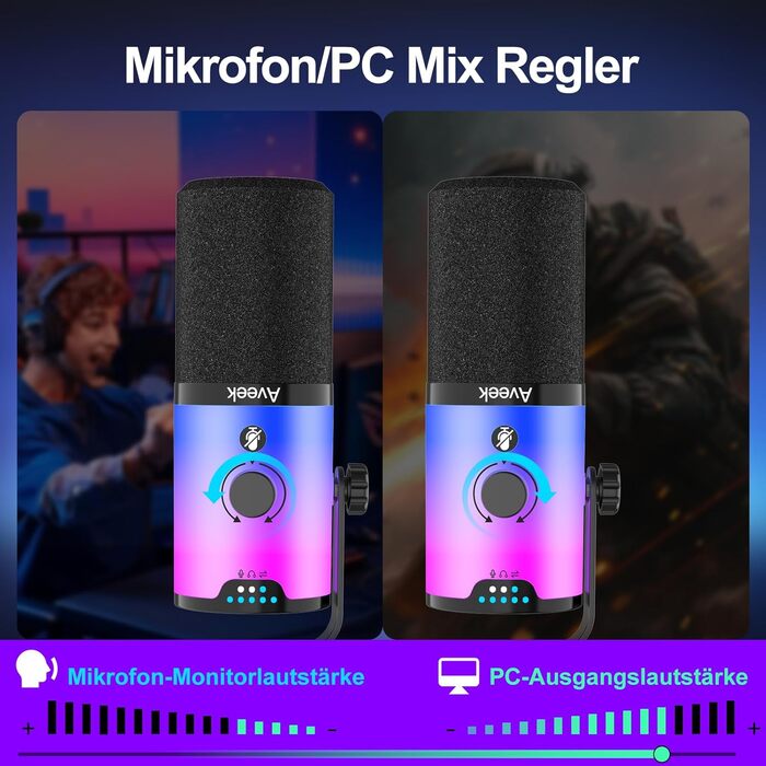 Мікрофон Aveek USB/XLR динамічний з тримачем, з функцією Mute, шумозаглушенням та RGB підсвіткою для ПК, стрімінгу, подкастів та запису