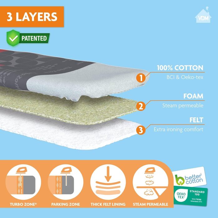 Тришаровий чохол для прасувальної дошки Comfort L (45x125 см), 100% бавовна з товстим шаром молтону, універсальний