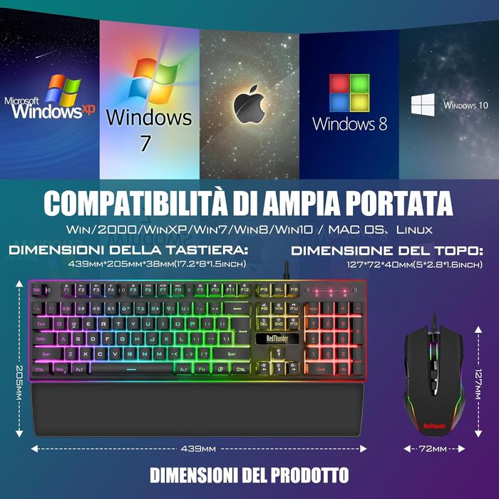 RedThunder K10 Бездротова ігрова клавіатура та миша з підсвічуванням LED, акумулятор 3800 mAh, механічне відчуття, Anti-Ghosting, миша 7D 3200 DPI, QWERTY-розкладка, для PC геймерів (Чорний)