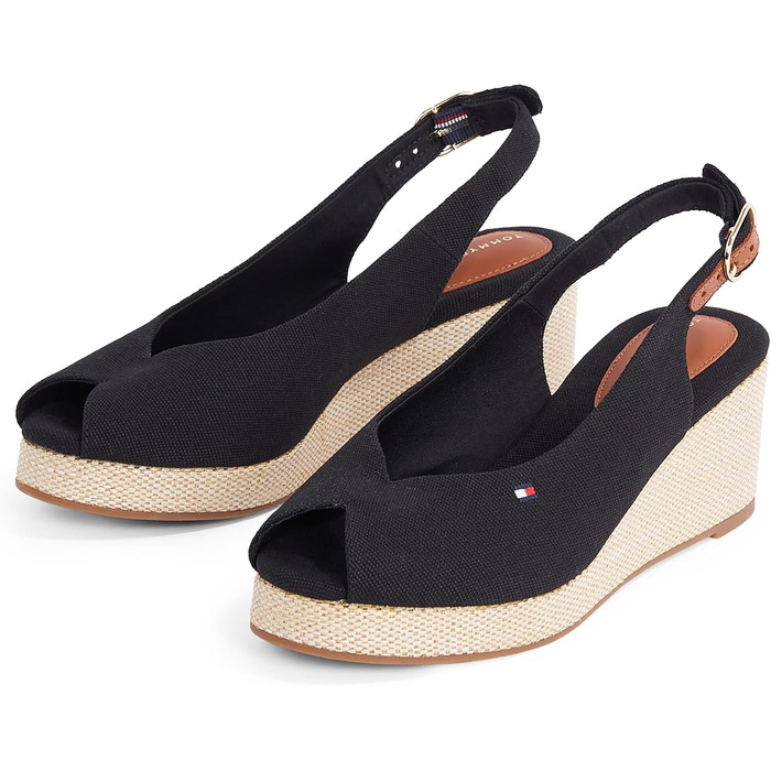 Сандалі жіночі Tommy Hilfiger Flag Mid Wedge Espad SLIN чорні (35 EU) - Стильні шкіряні босоніжки на танкетці