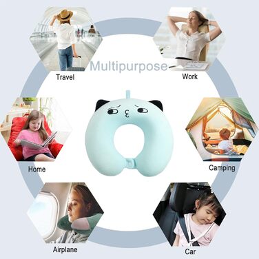 Дитяче подушечка для шиї з меморі-піною, U-подібна форма, з милим дизайном тваринки, для подорожей (літак, авто, поїзд), знімний чохол (блакитний)