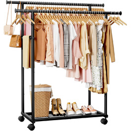 Стійка для одягу на колесах з подвійною перекладиною та сітчастим дном, 98 x 42 x 150 см, Чорний