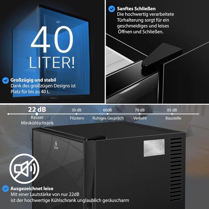 Міні-холодильник KESSER® 40L з скляною дверцятами: ідеальний для кемпінгу, офісу, спальні, готелю, кухні. Безшумний, з можливістю зміни напрямку відкривання дверцят, внутрішня підсвітка та відкривачка для пляшок. Чорний колір.