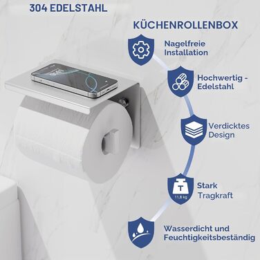 Тримач для туалетного паперу Aikzik без свердління, stainless steel, з 2 клейкими гачками, для ванної кімнати, чорний/сріблястий