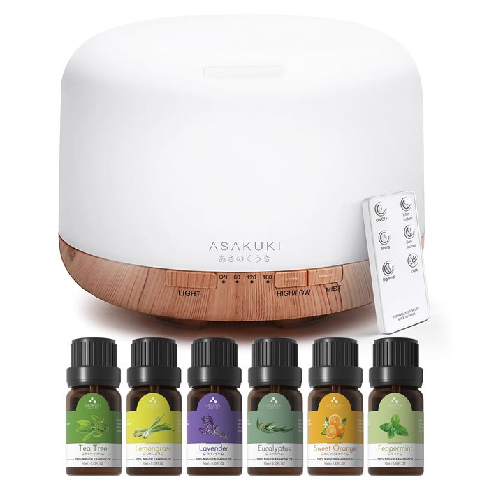 Дифузор аромату ASAKUKI 500 мл, ультразвуковий аромадифузор для ефірних олій, зволожувач повітря з пультом дистанційного керування, автоматичне вимкнення без води, 7 кольорів LED-підсвічування (з олією)