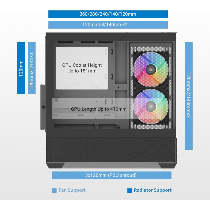 Корпус ПК SAMA V40 Mid-Tower ATX з 6 вентиляторами 120 мм ARGB, подвійні панелі з загартованого скла, чорний