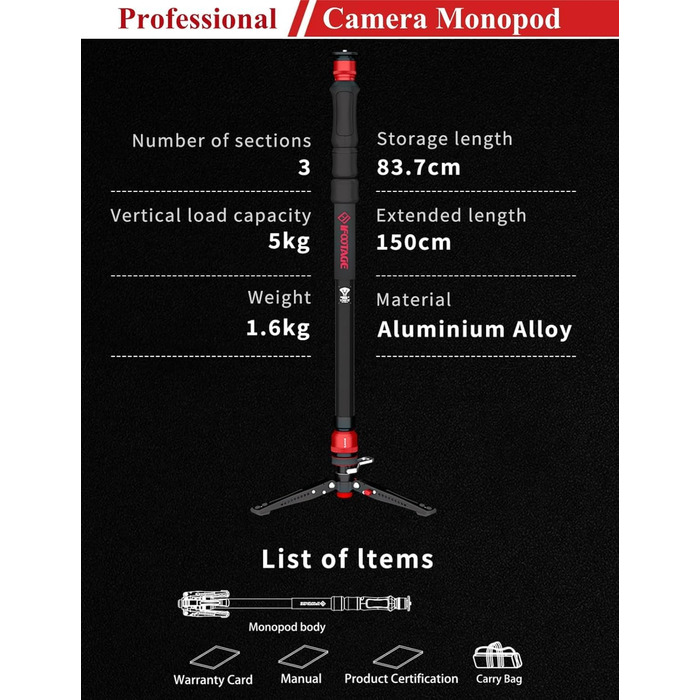 Штатив-монопод IFOOTAGE Cobra 3 C180F-P з підніжжям, 181 см, карбон, до 8 кг