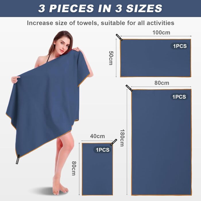 Набір рушників з мікрофібри: великий (180x80 см), спортивний (100x50 см), пляжний (80x40 см). Кольори: темно-сірий + зелений, темно-синій + помаранчевий