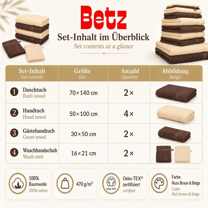 Набір махрових рушників Betz Premium 10 предметів, 100% бавовна, 470 г/м², Oeko-TEX, Колір: горіховий коричневий та бежевий (2 банні, 4 середні, 2 гостьові рушники, 2 рукавички)