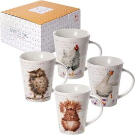 Керамічні чашки з тваринами SPOTTED DOG GIFT COMPANY, набір 4 шт — для кави, з мотивами сови, білки, гуски та курки, подарунок для любителів тварин