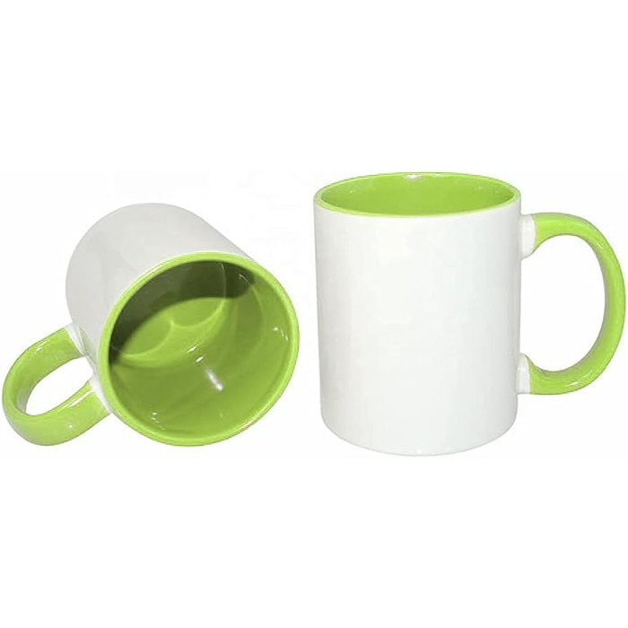 MR.R Set of 6 Sublimation Blanks, 334 ml, Dishwasher-Safe Ceramic Coffee Mugs, Green Color, Interior Cup and Handle, Drinking Cup for Milk, Tea, Cola, Water