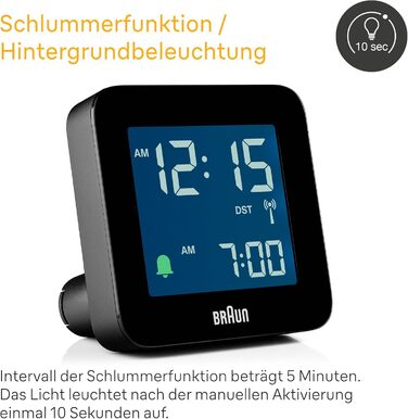 Braun Digital Radio Alarm Clock Central European Time (CET) with Snooze Function, Negative LC Display, Quick Set Function, Crescendo Alarm in Black, Model BC09B-DCF.