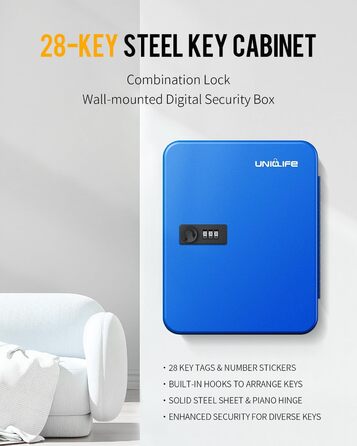 Шкафчик для ключів Uniclife на 60 позицій з комбінацією та ключовим замком, регульовані полиці, цифрова скринька, органайзер ключів (блакитний)