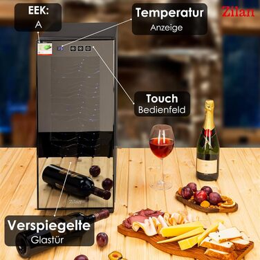 Виставковий винний холодильник Zilan на 12 пляшок, 33 літри, LED, тихий, міні-винний кліматичний шкаф з дверцятами зі скла