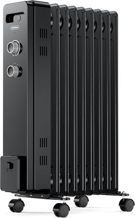 Масляний радіатор VonHaus 2000W з 9 ребрами, електричний, портативний, з термостатом, 3 режими нагріву, 4 колеса, 1.5м кабель (білий/чорний)