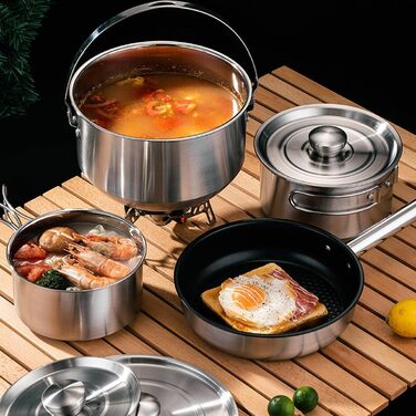 Набір кухонного посуду для кемпінгу, кухонний набір для відпочинку, каструлі та сковорідки для приготування їжі на вогнищі, містить дорожню сумку для 4-6 осіб