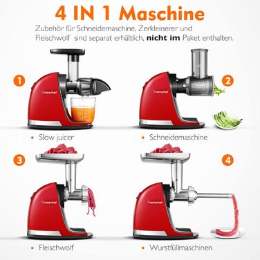 AMZCHEF Juicer for Vegetables and Fruits - Test Winner - Slow Juicer with Reverse-Mastication Function - Gentle Crushing Without Filtering - Electric Juice Press with Brush and 2 Cups - Cherry Red
