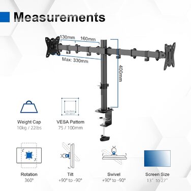 Кріплення для монітора GRIFEMA на 2 монітори, 13-27 дюймів, регульоване, поворотне, нахильне, VESA 75/100mm, GB2001A-2