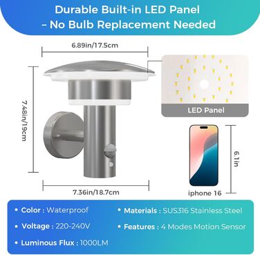 LED вуличне освітлення з датчиком руху та світла NBHANYUAN, IP44, SUS316, 1000LM, 9W, 2 шт.