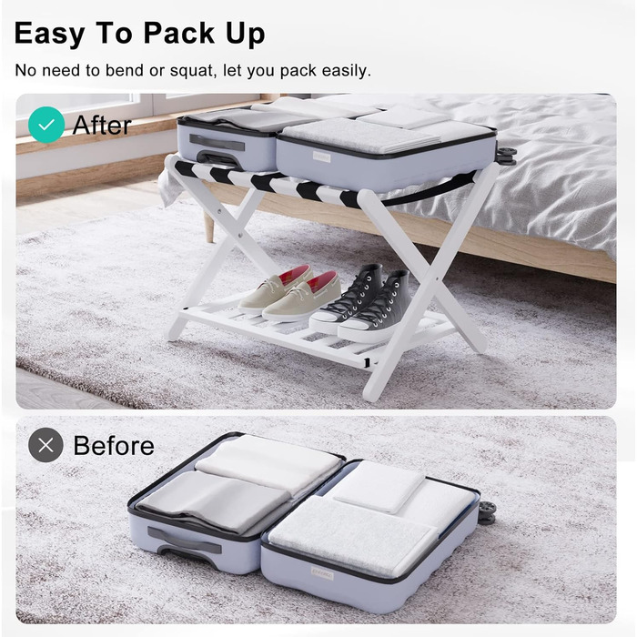 Fully assembled white luggage rack, enhanced bamboo, foldable suitcase stand with 5 nylon straps, luggage holder with shelf for guest rooms, hotel (white luggage rack, 1 piece)