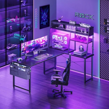 Кутовий ігровий стіл з RGB LED-підсвіткою, полицею та підставкою для ПК, 130x100 см