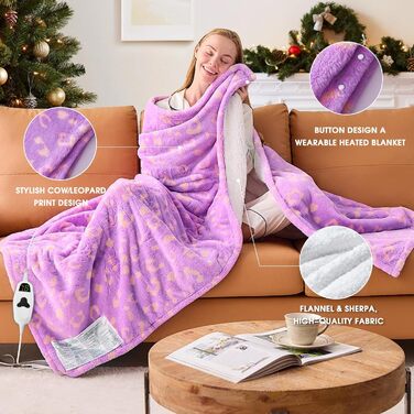 Електрична грілка з принтом корів, подвійний розмір 157x213 см, фіолетовий колір, 10 температурних режимів, таймер автоматичного вимкнення на 8 годин, флісова та шерпа-підкладка, тепла, подарунок для жінок