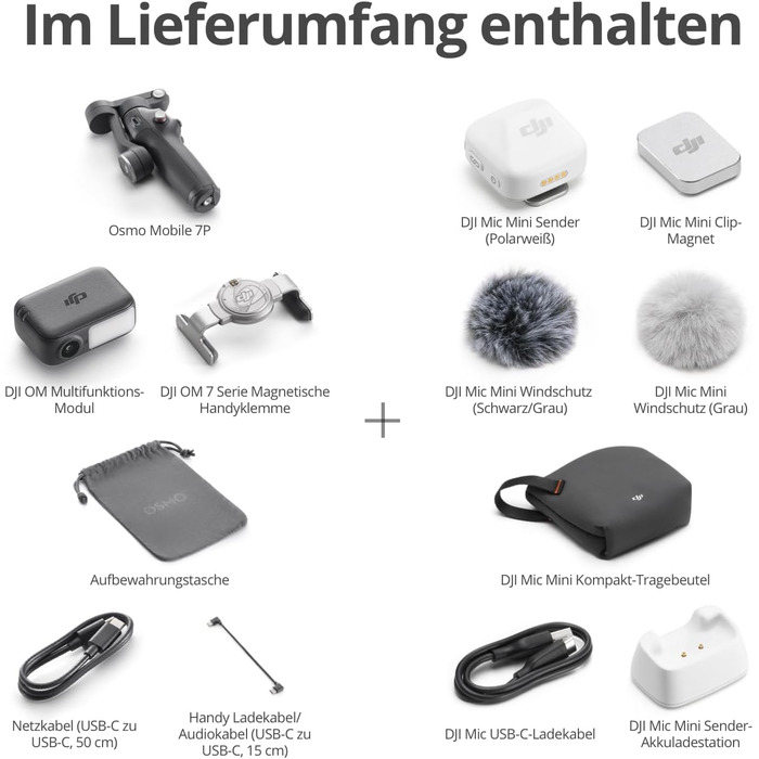 Стабілізатор DJI Osmo Mobile 7P + Mic Mini TX (Polarweiß) – Gimbal для iPhone/Android з мікрофоном, інтегрований штатив та подовжувач, 3-осьова стабілізація