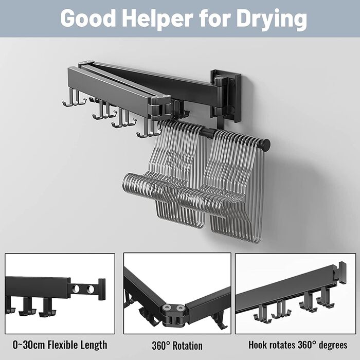 Настінна сушилка для білизни Honeyhouse Einziehbar - розкладна, поворотна, з кріпленням до стіни. Чорний колір