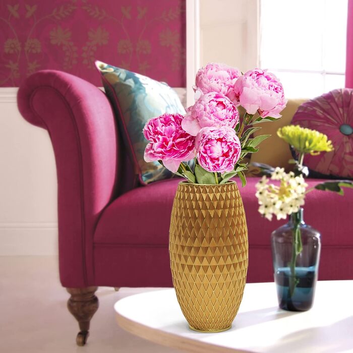 Декоративна ваза для квітів, блакитно-золота, з діамантовим візерунком, 28 x 15 см