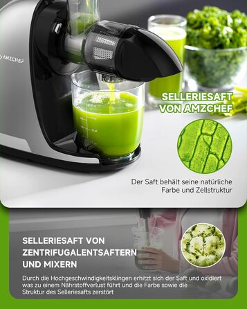 Електричний соковичавник AMZCHEF для овочів та фруктів - Slow Juicer з функцією реверсивного подрібнення, без фільтру, з щіткою та 2 чашками, сріблястий (30x19.6x30 см)