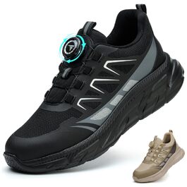 Черевики робочі чоловічі та жіночі спортивні, легкі, дихаючі, на шнурівці, з швидкою застібкою, з обертовим закриттям, з металевим підсилювачем, 44 EU, чорні