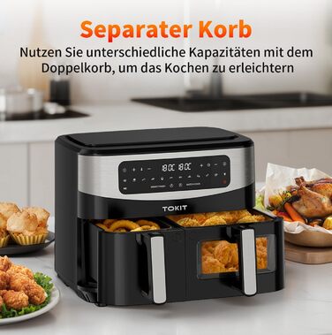 Фритюрниця TOKIT з подвійним зондом, 2800 Вт, 10 л, 12 програм, з вікном, без олії, 2 ящики, LED-touchscreen, 90% менше жиру