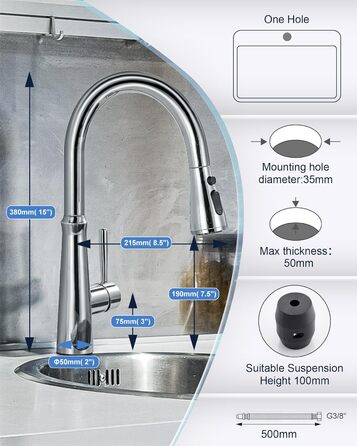 Змішувач кухонний iVIGA висувний з дощувачем, водоспад, 360° поворот, 3 режими, брашований нікель