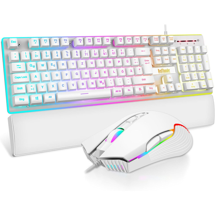 RedThunder K10 Ігровий Набір Клавіатура та Миша, QWERTZ DE-розкладка, Металева Пластина та Підставка для Руки, RGB-підсвічування та 7D, Ергономічний для ПК Геймерів (Білий)