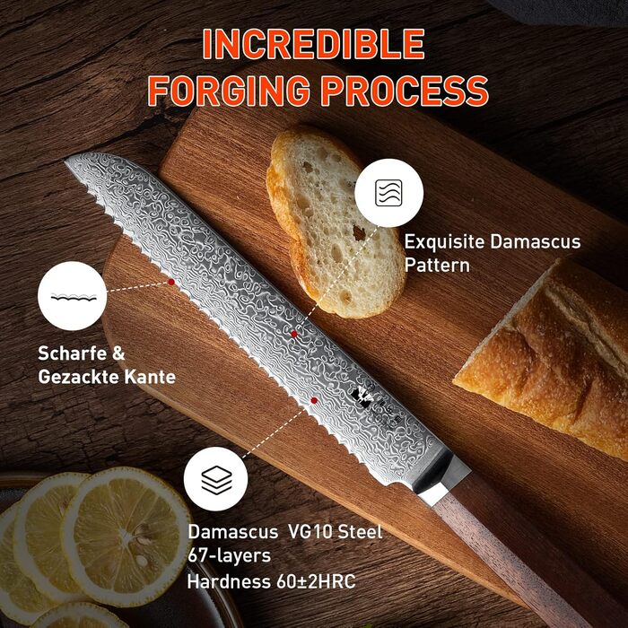 Bread Knife Wavy Edge Damascus Bread Slicing Knife with Extremely Sharp 20 cm Blade Made of 67 Layers VG-10 Damascus Steel, Wooden Handle, Gift Box