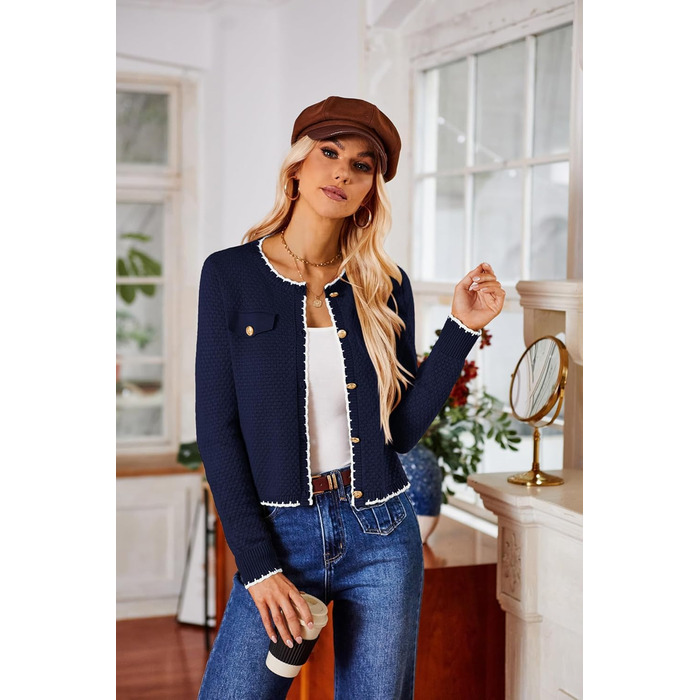 Жіночий кардиган Grace Karin з довгими рукавами, двоколірний, в'язаний, з ґудзиками. Елегантний та зручний. XL, темно-синій