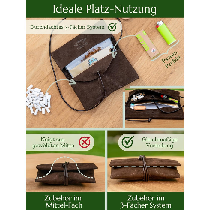Premium Tobacco Pouch made of Wild Leather - Separate Paper & Filter Compartment - Handcrafted Tobacco Bag - High-Quality Rolling Pouch for Tobacco (Dark Brown)