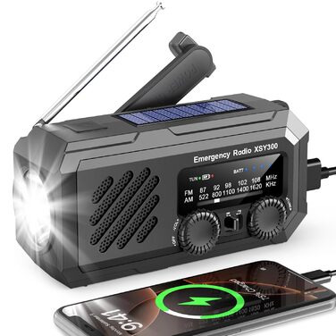 Радіо Milfech сонячне з ручним заводом, AM/FM, 2000mAh, ліхтарик LED, SOS-сигнал, для кемпінгу та надзвичайних ситуацій, чорне