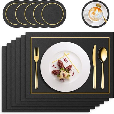 RIWNNI Placemats PU Leather 6-Piece Set, Placemats and Coasters Set, Washable Leather-Look Placemats, Waterproof Non-Slip Heat-Resistant Faux Leather Table Placemats, 41x31cm Table Mat, Light Gray
