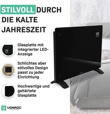 Електричний конвекторний обігрівач VONROC - 1500W, білий/чорний, для кімнат до 24м², ручне/APP керування