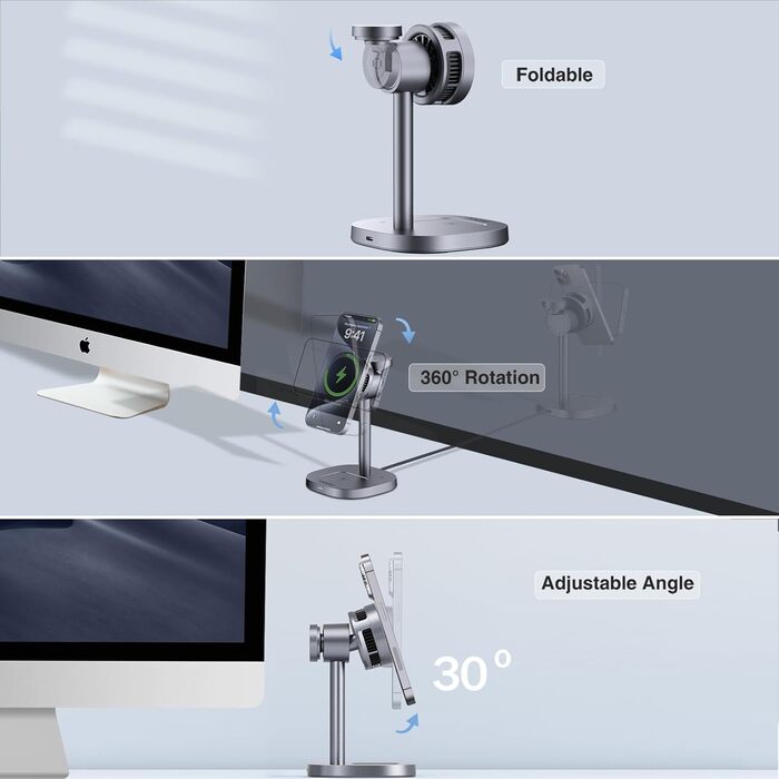 MOGU Бездротова зарядна станція 3-в-1 з магнітною фіксацією та охолодженням TEC, 15W, сумісна з MagSafe iPhone 12-17, Samsung S24-S26, Apple Watch, AirPods + адаптер 45W