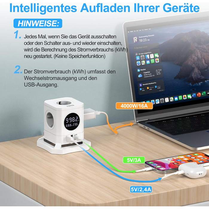 Багатофункціональний USB-хаб FDTEK з 1 USB-C та 2 USB-A, 7 розеток, LCD-дисплей, 1.8м кабель, 2500W/10A, білий