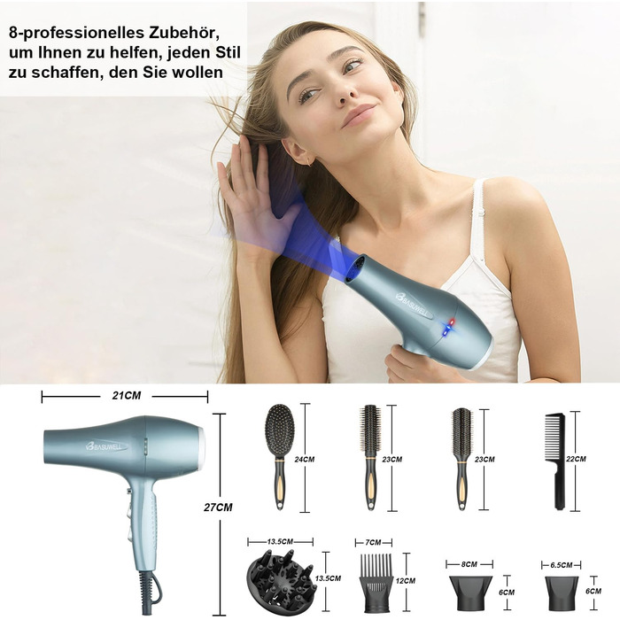 Фен Basuwell Ionen Pro 2100W з дифузором: 3 режими, 2 швидкості, інфрачервовий, AC-двигун (срібний)